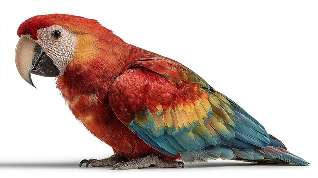Vibrant parrot with colorful feathers in tropical rainbow hues isolated on clean white background. 