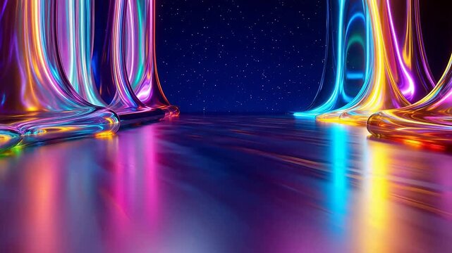 Vibrant Abstract Digital Background with Glowing Neon Lights Reflecting on Fluid Metallic Shapes, Creating a Futuristic Tunnel Effect