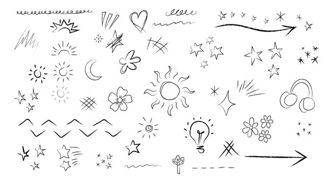 Hand drawn black and white doodle set with stars, sun, moon, arrows, and heart sketches. Isolated vector illustration of whimsical pencil drawings for creative journal and scrapbook design.