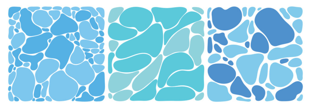 Blue pebble and water pool stone set with organic round shapes. Isolated vector illustration of turquoise and cerulean mosaic cobbles for spa, garden, and bathroom floor design.