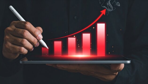 Hand with stylus drawing red growth bar chart