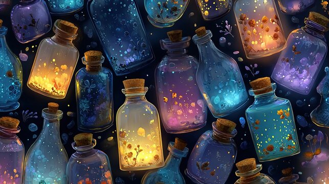 Seamless pattern of magical potion bottles glowing with ethereal luminescence on dark gradient background, mystical alchemy collection in repeating formation.