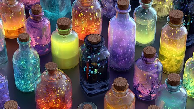 Seamless pattern of magical potion bottles glowing with ethereal luminescence on dark gradient background, mystical alchemy collection in repeating formation.