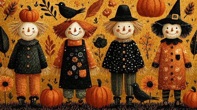 Seamless pattern of rustic scarecrows and orange pumpkins scattered across golden autumn field background
