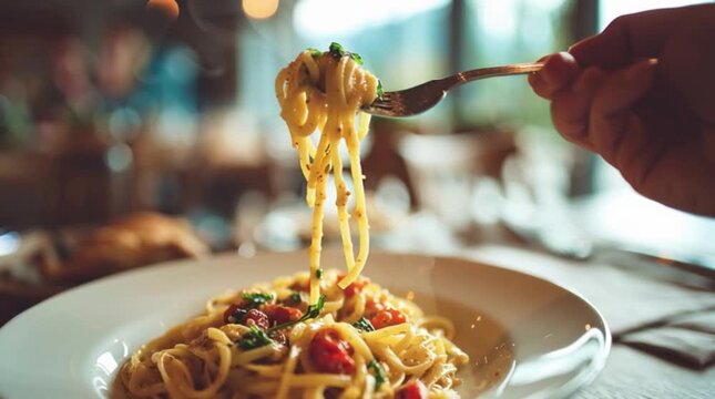 Close up delicious pasta linguine being picked up with a fork in bright restaurant setting 