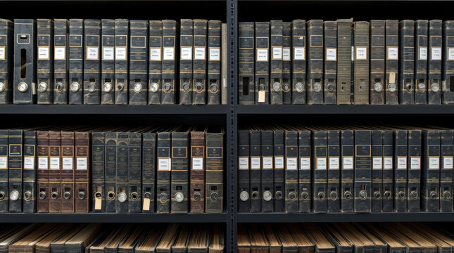 Old leather binders and organized archive folders metal shelving creating structured archival