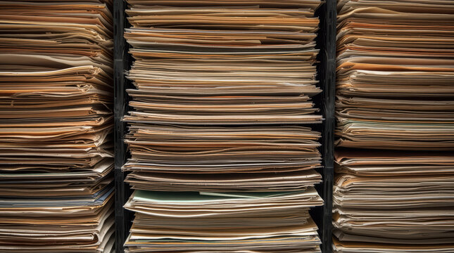 Stacked manila file folders on shelving showing organized paperwork and orderly storage
