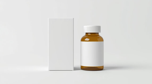 Blank amber pill bottle and white packaging box clean white background, minimal medical mockup