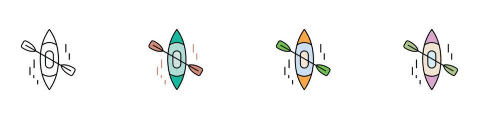 Kayak with paddle icon set in outline, solid, and colorful flat styles. Isolated vector illustration of rowing boat for outdoor sports, adventure, and summer vacation design. © MdNurul