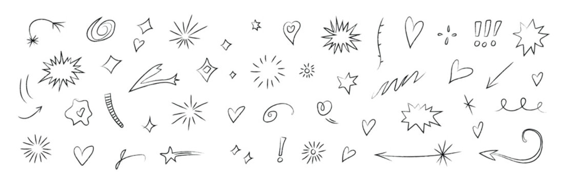 Hand drawn doodle set with sparkling stars, hearts, bursts, and decorative swirls. Isolated vector illustration of black sketchy whimsical elements for journal and invitation design.
