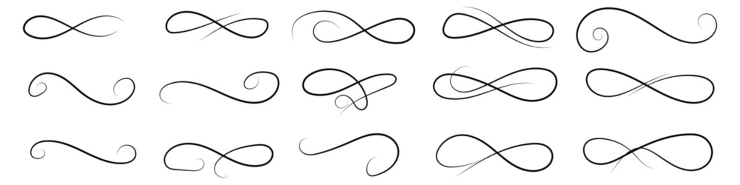 Calligraphic swirl ornament set with elegant flourishes and vintage dividers. Isolated vector illustration of black decorative filigree elements for wedding and luxury design.