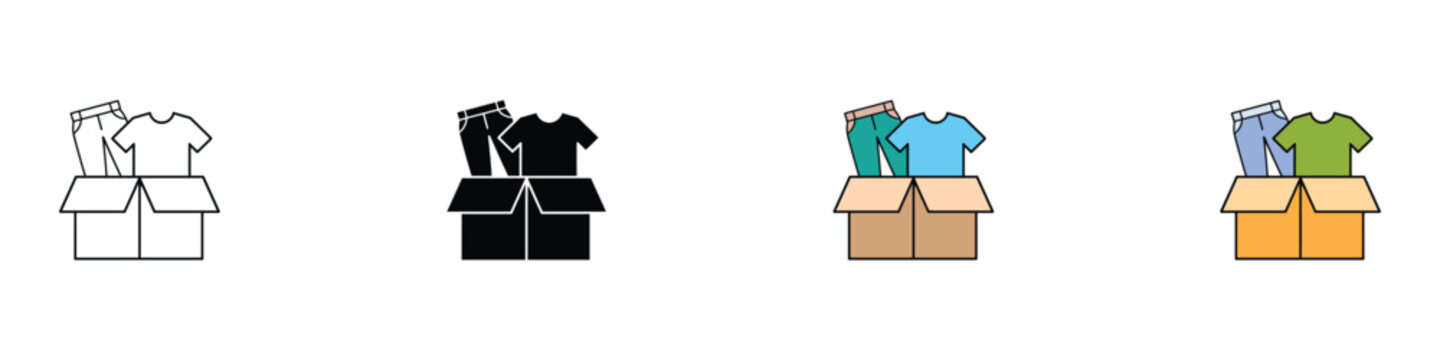 Donation box with clothes icon set in outline, solid, and colorful flat styles. Isolated vector illustration of cardboard box with shirt and pants for charity and relief concepts.
