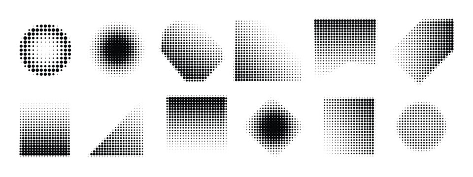 Black halftone geometric shape set with gradient dot patterns in circle, square, and triangle forms. Isolated vector illustration of retro pop art elements for graphic design.