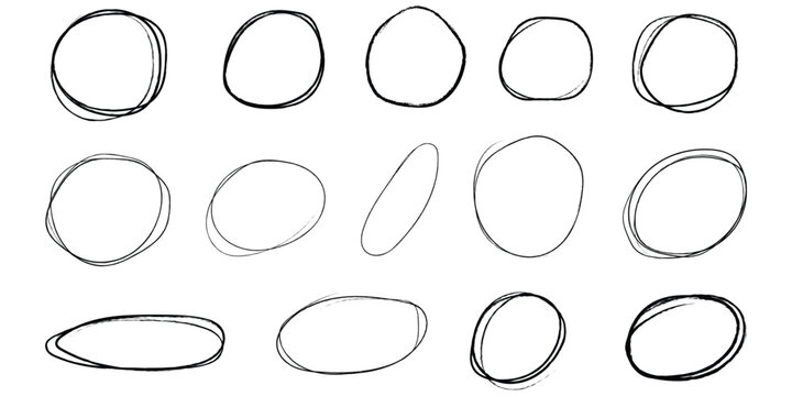 Hand drawn scribble circle set with messy round pencil frames and organic doodle shapes. Isolated vector illustration of black sketchy rings for highlighting and creative design.