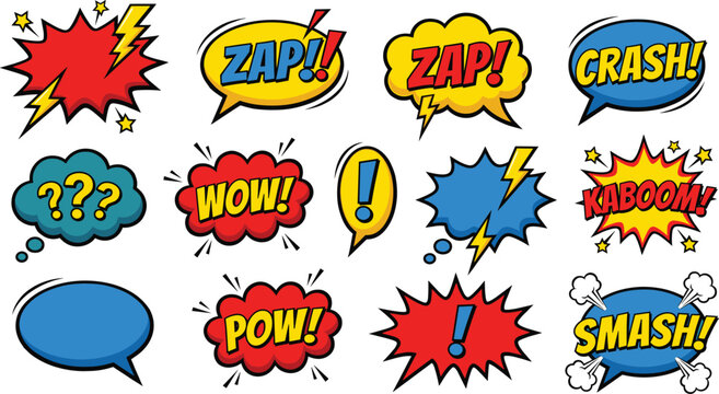 Comic book sound effects set, pop art explosion speech bubbles with action words, cartoon vector illustration for design