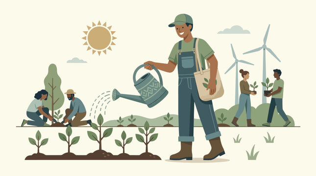 people planting and watering young trees.
