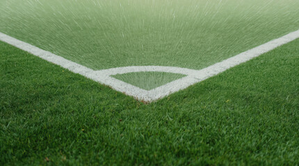 Obraz premium Corner of wet grass soccer field with painted white lines and sprinklers