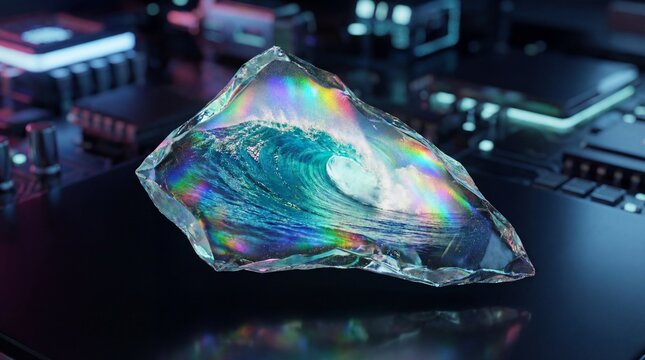 Sea wave crashing in surreal sky setting concept. A crystal with a wave pattern reflecting light in vibrant colors.