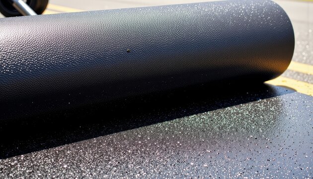 Close-up of Textured Black Rubber Roll on Sunlit Pavement with Sparkling Water Droplets