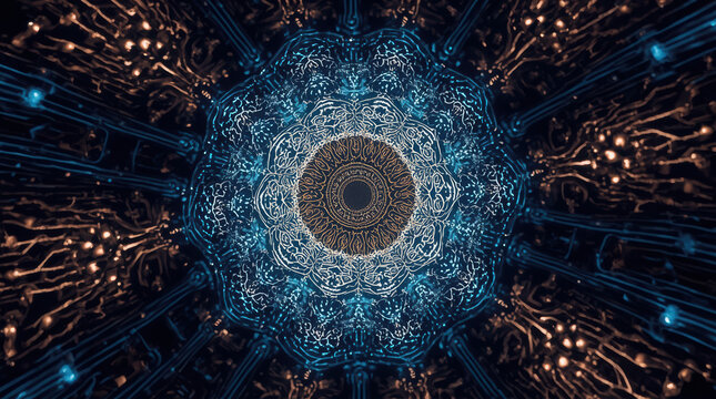Intricate quantum circuit mandala glowing in blue and gold, fractal pattern and symmetry