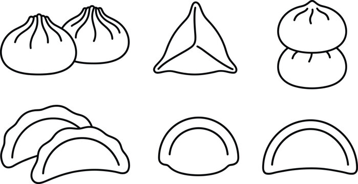 Vector illustration of dumpling line icons, baozi, gyoza, momo, and dim sum collection, isolated