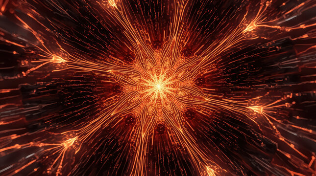 Glowing fractal quantum circuit with radiant orange filaments and hypnotic center