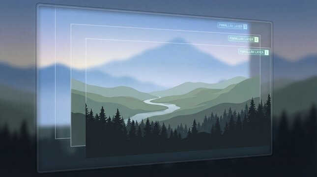 Animated landscape with colorful hills and trees concept. A dreamy mountain landscape with a flowing river and evergreen trees.