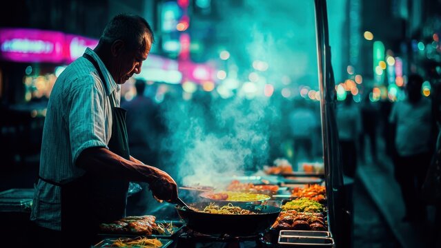 Street food vendor cooking at night market with vibrant city lights and bustling atmosphere.
