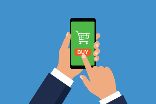 Hand using smartphone with shopping cart and buy button for online shopping illustration isolated on blue background.