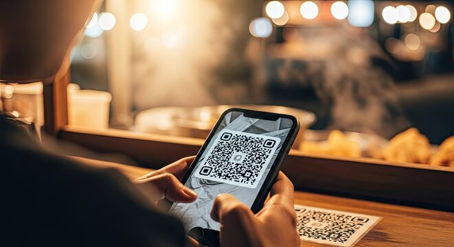 Person scanning QR code on phone at night food stall, contactless payment, digital menu