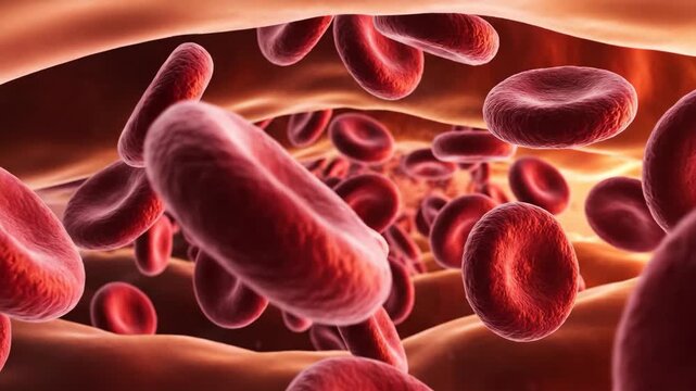 Macro 3D illustration of red blood cells flowing through a human vein or artery, showing biological circulation.