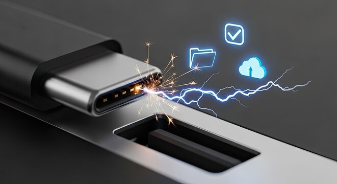 USB-C Connector Charging and Data Transfer with Cloud Icons and Sparks