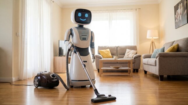 The friendly robot stands with raised arms concept. A friendly robot vacuum cleaner in a modern living room.