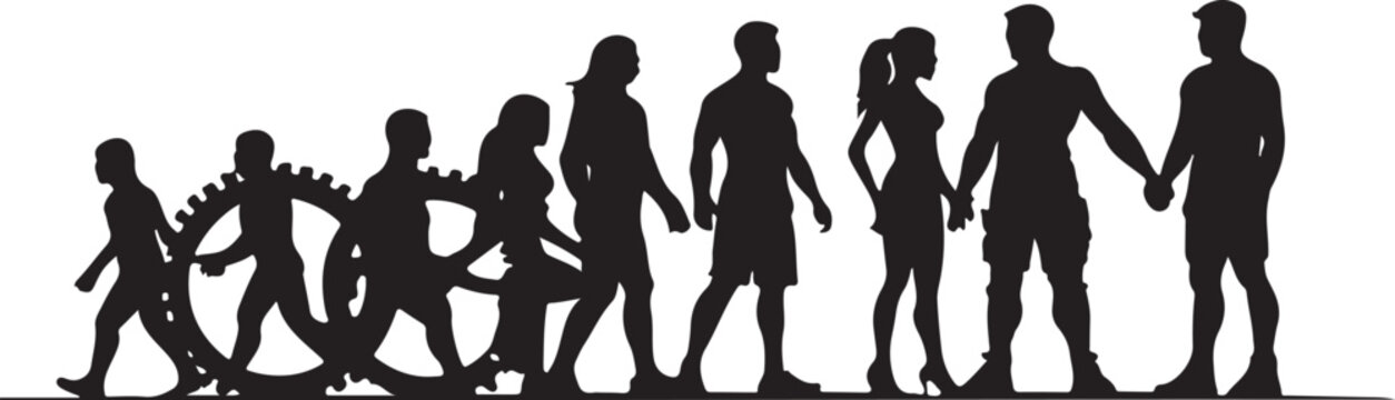 Silhouette of people showing human evolution or progression from child to adult with gear.