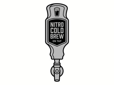 Illustration of a nitro cold brew coffee tap handle with a black label on a white background.