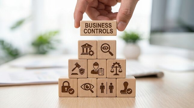 Business controls, compliance, management, corporate, audit, regulation, risk management concept using wooden blocks to build a strong foundation for corporate governance and law.