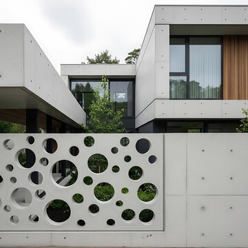Modern Minimalist Concrete Architecture with Perforated Circular Fence Design