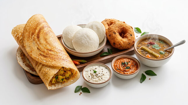 Authentic South Indian breakfast spread with dosa, idli, vada, and sambar