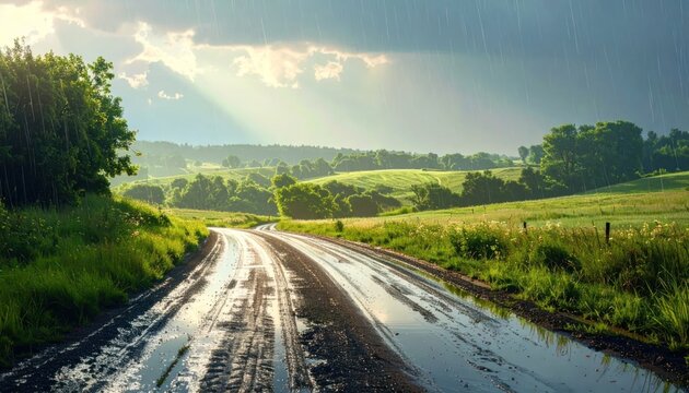 Sunlight Breaks Through Storm Clouds Over a Wet Country Road.