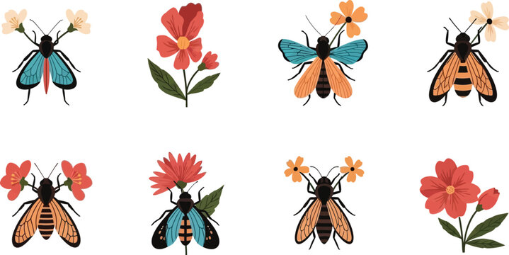 Collection of stylized insect and flower icons flat vector illustrations for nature and spring themes isolated on white