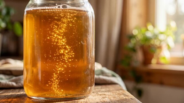 Glass jar kombucha fermented tea bubbles probiotic drink amber honey liquid in sunlit kitchen on rustic wood table near window light closeup