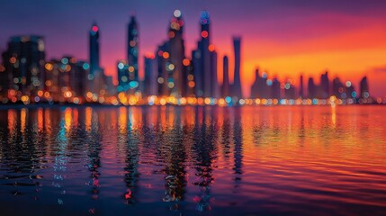 Naklejka premium Blurred city skyline at sunset reflecting on calm water surface with vibrant orange and purple sky colors during a beautiful twilight urban landscape view