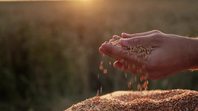 Farmer pouring golden wheat grains from cupped hands into a large pile at sunset.