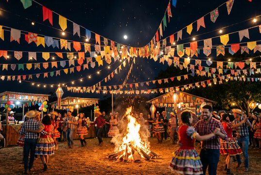 People dancing around bonfire at traditional Brazilian Festa Junina