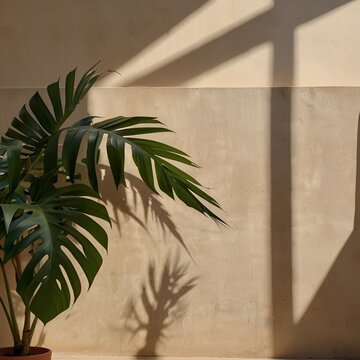 Minimal summer background with palm leaf shadow on soft beige wall, strong sunlight, basic angle shot, large empty copy space, clean composition