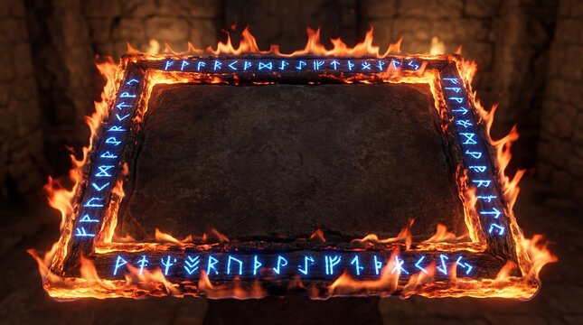 Fire frame with black background and flames concept. A mystical stone with glowing runes surrounded by fire.