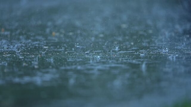 Heavy rain falling on asphalt road with visible splashes and water ripples. Slow motion view