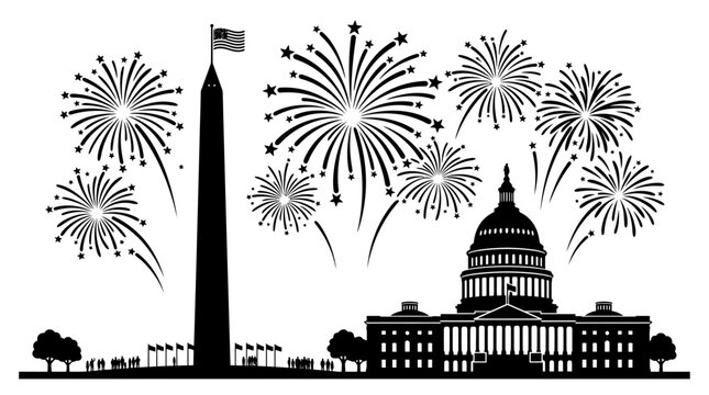 Washington Monument and US Capitol building silhouette with fireworks