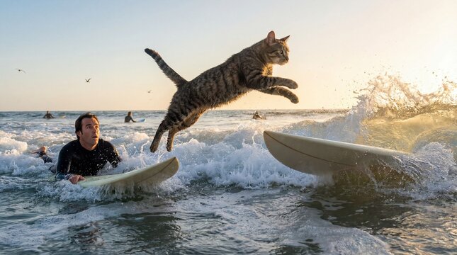 Cat in sunglasses surfs ocean wave concept. A playful cat jumps over surfboards in an ocean setting.