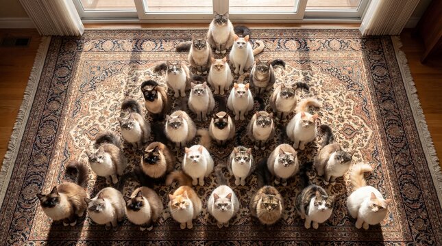 Fluffy cats wearing sunglasses and chains concept. A playful gathering of cats forming a unique pyramid shape.